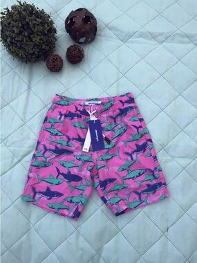 Shark Print Swim Trunks - Pink, Teal & Navy